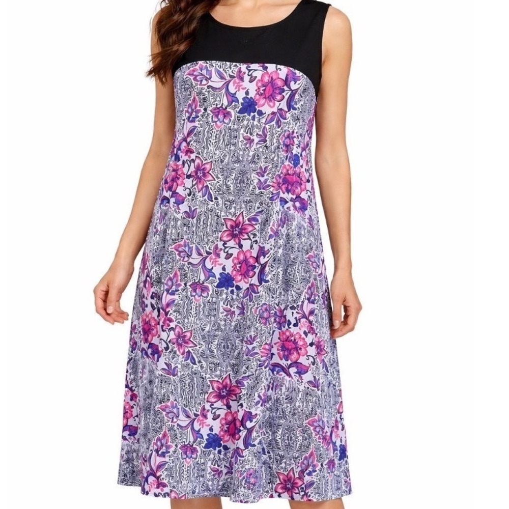 Kim Rogers Dress Large Black w/ Floral Damask Sleeveless Stretch Summer